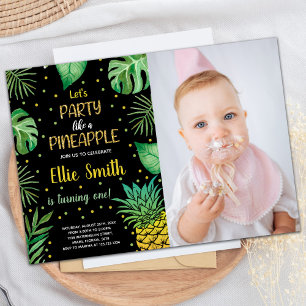 1st Black Green Pineapple Invitations with photo