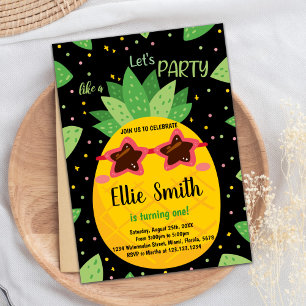 1st Black Orange Pineapple Birthday Invitations