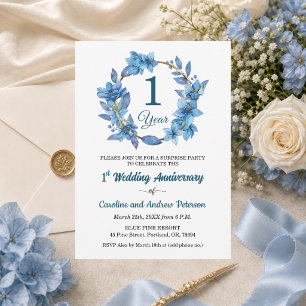 1st Blue Floral Surprise Wedding Anniversary  Invitation