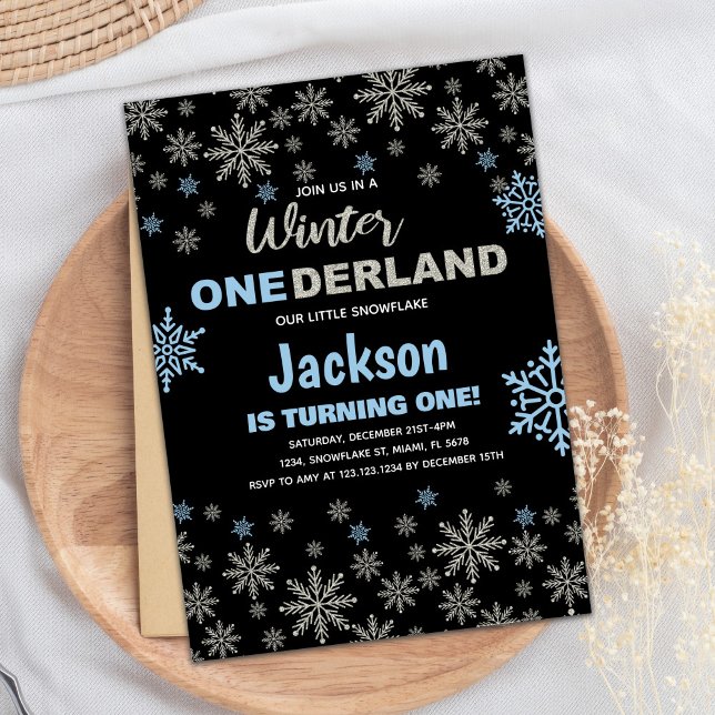 1st Blue Silver Snow Winter Birthday Onederland Invitation (1st Blue Silver Snow Winter Birthday Onederland Invitation)