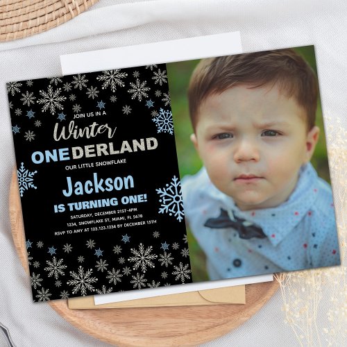 1st Blue Snow Winter Birthday Onederland w photo Invitation