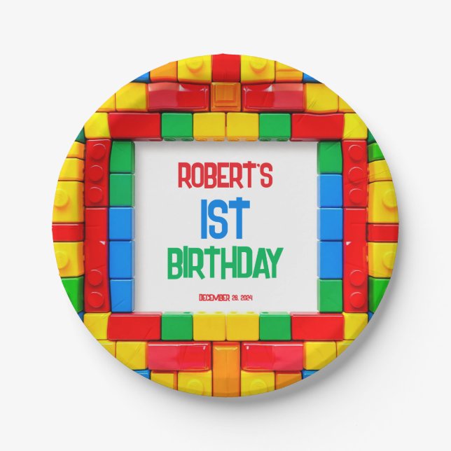 1st Building Blocks BIRTHDAY Paper Plates (Front)