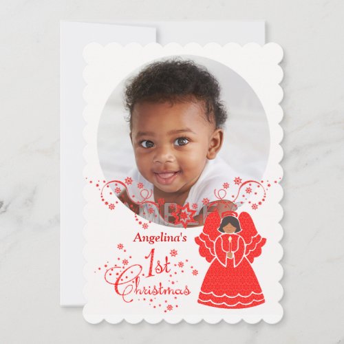 1st Christmas Angel for Ethnic Baby Girl Custom Holiday Card