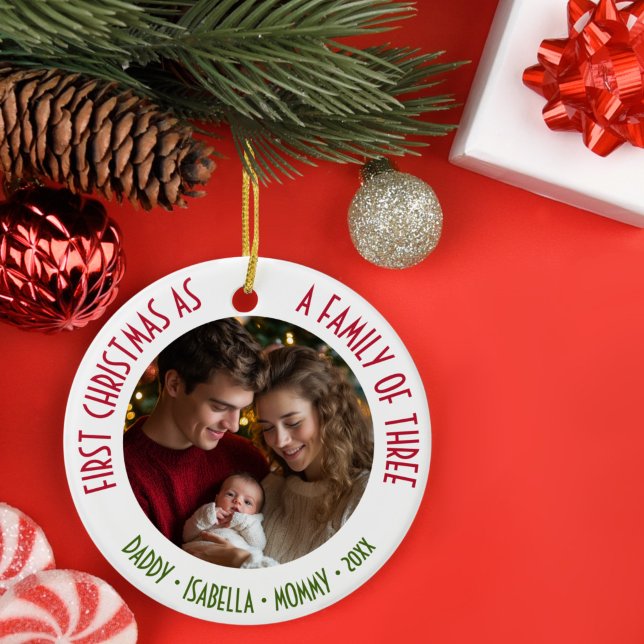 1st Christmas as a Family of 3 Custom Photo & Text Ceramic Ornament (Creator Uploaded)