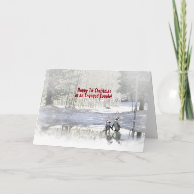 1st Christmas as an Engaged Couple Cute Penguins Holiday Card (Front)