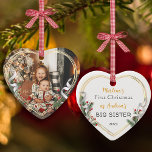 1st Christmas As Big Sister Gold Frame Photo   Ornament<br><div class="desc">Golden Line frame adorned with holly, pine and ribbon ornament to display your own special memory of new baby. Heart shape is a perfect symbol for love. The bright and shiny gold line border encircles your memorial photo. The holly, pine and silk ribbon complete the whole design with a joyful...</div>