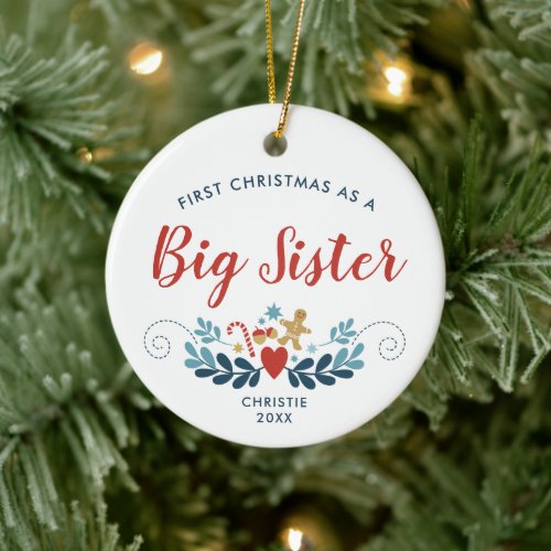 1st Christmas As Big Sister Personalized Folk Art Ceramic Ornament