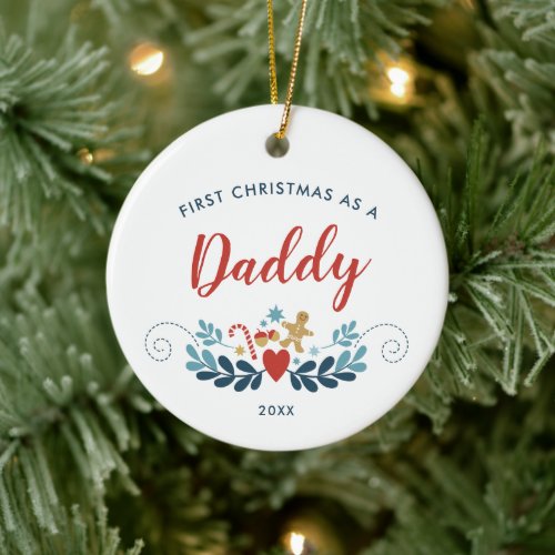 1st Christmas As Daddy Personalized Xmas Folk Art Ceramic Ornament