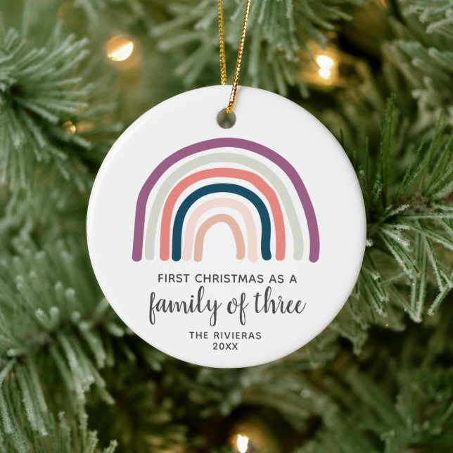 1st Christmas As Family of 3 Personalized Rainbow Ceramic Ornament (Tree)