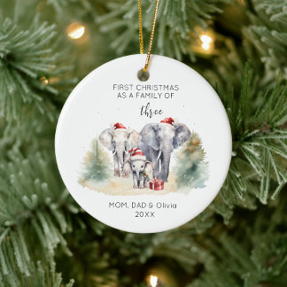 1st Christmas as Family of 3 Watercolor Elephant Ceramic Ornament