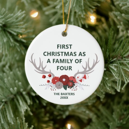 1st Christmas As Family of 4 Personalized Antlers Ceramic Ornament