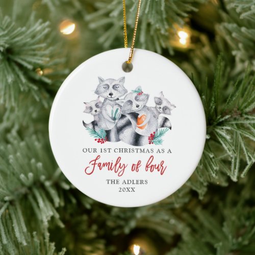 1st Christmas As Family Of 4 Personalized Raccoons Ceramic Ornament