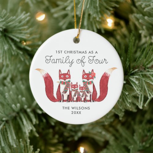 1st Christmas As Family Of Four Personalized Foxes Ceramic Ornament