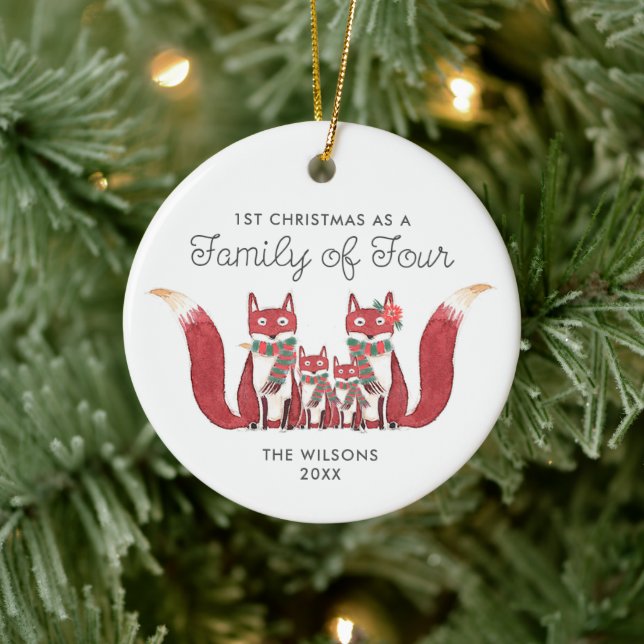 1st Christmas As Family Of Four Personalized Foxes Ceramic Ornament (Tree)
