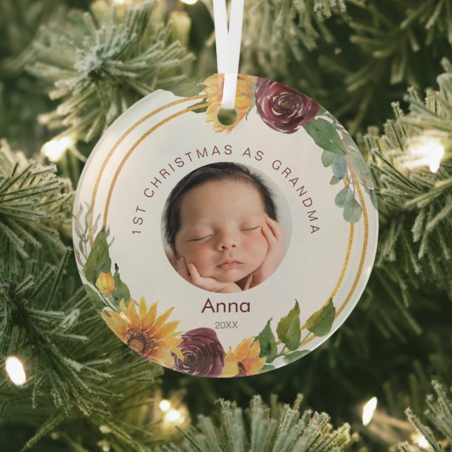  1st Christmas As Grandma Baby Photo Sunflowers Glass Ornament (Insitu)