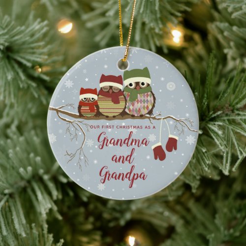 1st Christmas as Grandma Grandpa Owl Family Custom Ceramic Ornament