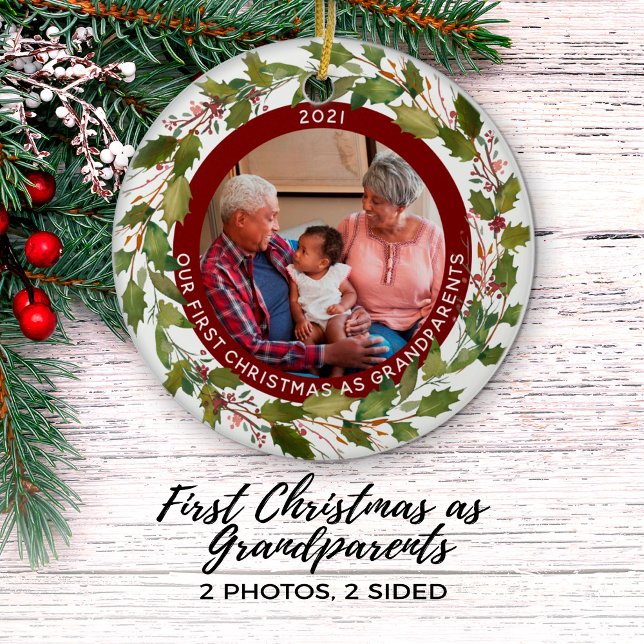 1st Christmas as Grandparents 2-Photo Wreath Ceramic Ornament (Creator Uploaded)