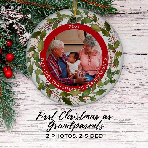 1st Christmas as Grandparents 2_Photo Wreath Ceramic Ornament
