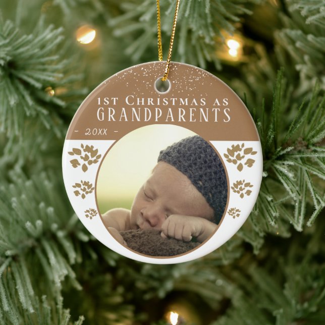 1st Christmas as Grandparents Beige Baby Photo Ceramic Ornament (Tree)