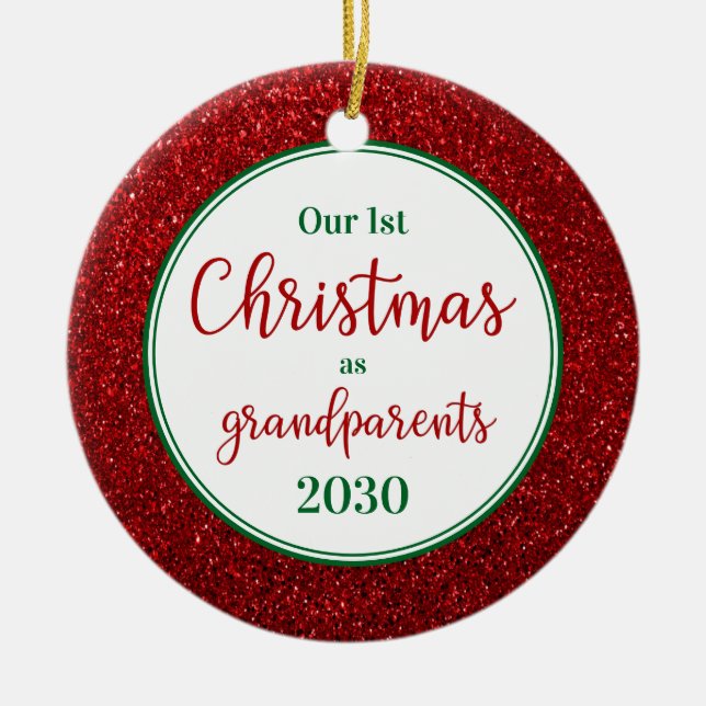 1st Christmas As Grandparents Glitter Photo Ceramic Ornament (Front)