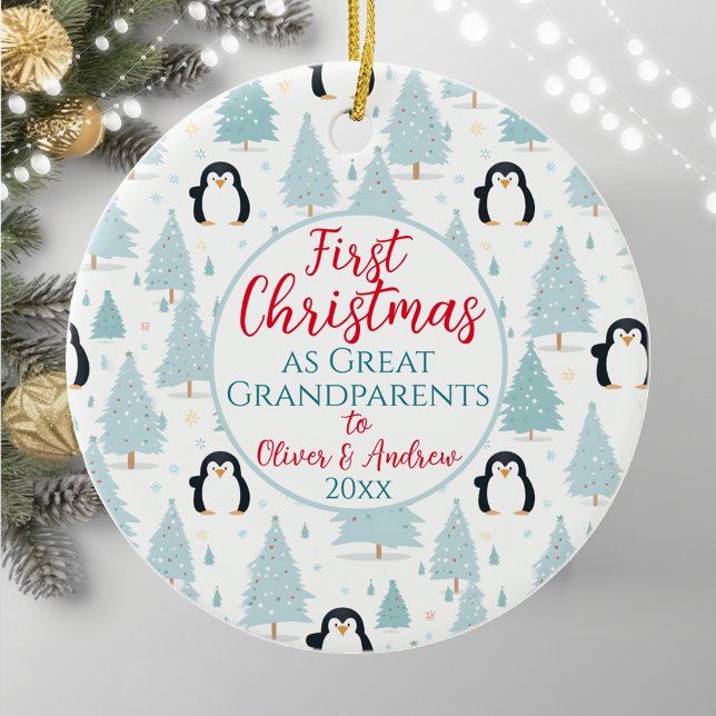 1st Christmas As Great Grandparents Penguin Blue Ceramic Ornament (Creator Uploaded)