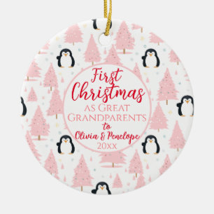 1st Christmas As Great Grandparents Penguin Pink Ceramic Ornament