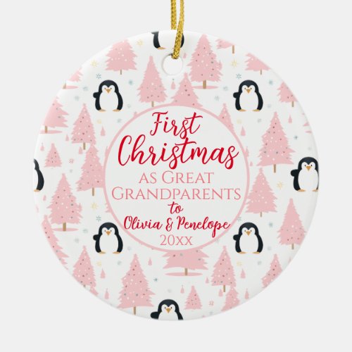1st Christmas As Great Grandparents Penguin Pink Ceramic Ornament