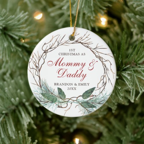 1st Christmas as Mommy Daddy Personalized Wreath Ceramic Ornament