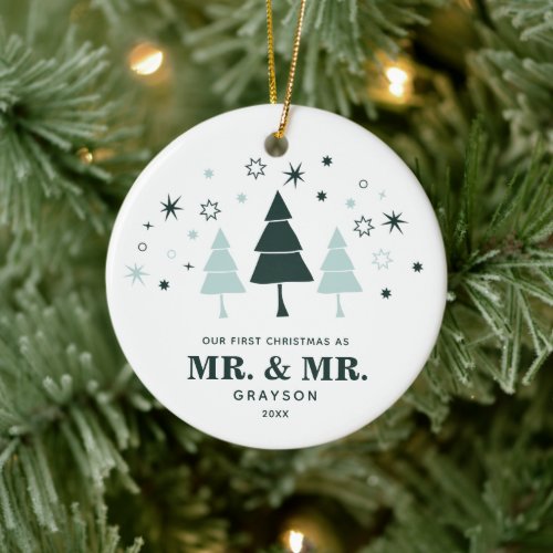1st Christmas As Mr  Mr Personalized Snowy Trees Ceramic Ornament