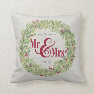 1st Christmas as Mr & Mrs custom name/year Wreath Throw Pillow