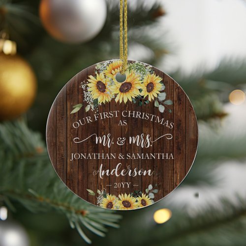 1st Christmas as Mr  Mrs Newlywed Wood Sunflowers Ceramic Ornament