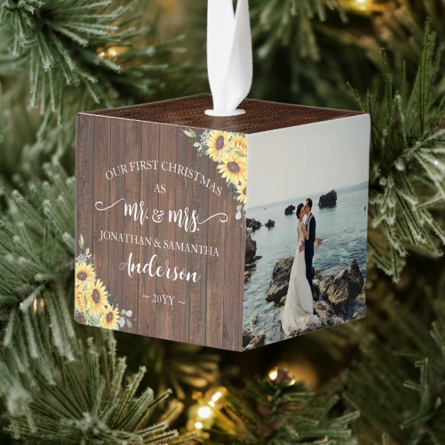 1st Christmas as Mr & Mrs Newlywed Wood Sunflowers Cube Ornament (Tree)