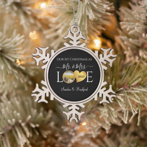 1st Christmas as Mr Mrs Newlyweds  Holiday Ceramic Snowflake Pewter Christmas Ornament