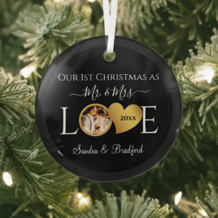 1st Christmas as Mr Mrs Newlyweds Holiday Glass Glass Ornament