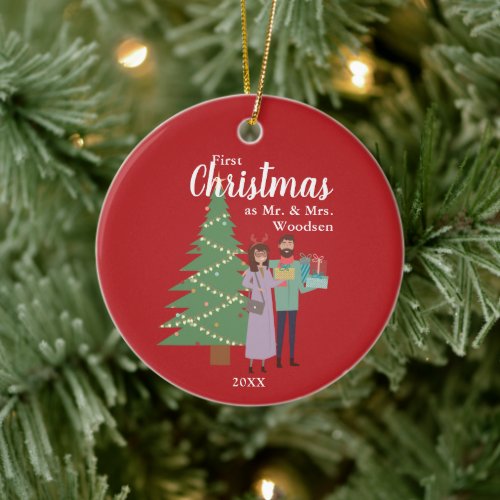 1st Christmas As Mr  Mrs Personalized Cute Couple Ceramic Ornament