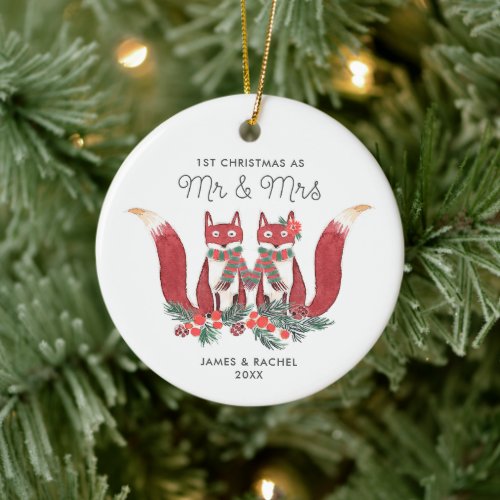 1st Christmas As Mr Mrs Personalized Festive Foxes Ceramic Ornament