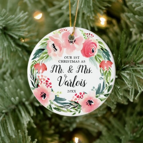 1st Christmas As Mr  Mrs Personalized Pink Floral Ceramic Ornament