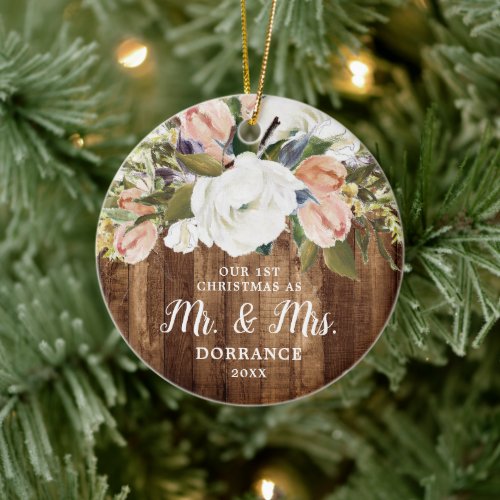 1st Christmas as Mr  Mrs Personalized Rustic Wood Ceramic Ornament
