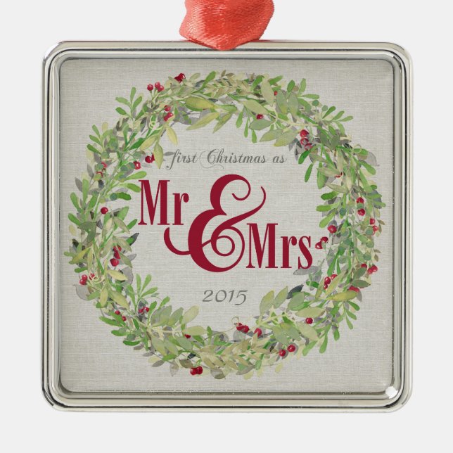1st Christmas as Mr & Mrs Wreath gray burlap Metal Ornament (Front)