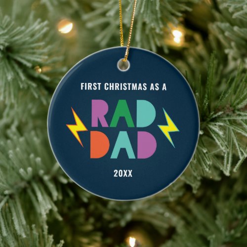 1st Christmas As Rad Dad Personalized Retro Bolts Ceramic Ornament