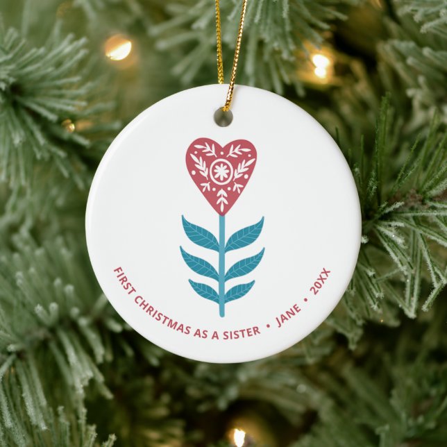 1st Christmas As Sister Personalized Heart Flower Ceramic Ornament (Tree)
