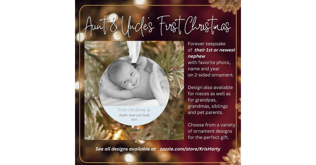 1st Christmas Aunt Uncle from Nephew Name Photo Ornament | Zazzle