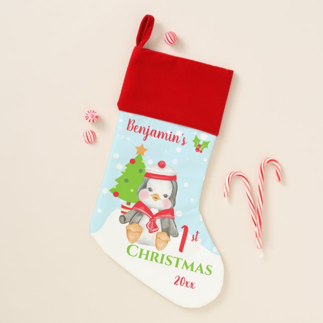 1st Christmas Baby Boy Penguin  Christmas Stocking (Front)