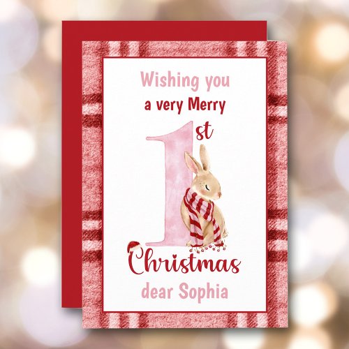 1st Christmas Baby Girl Cute Bunny Plaid Holiday Card