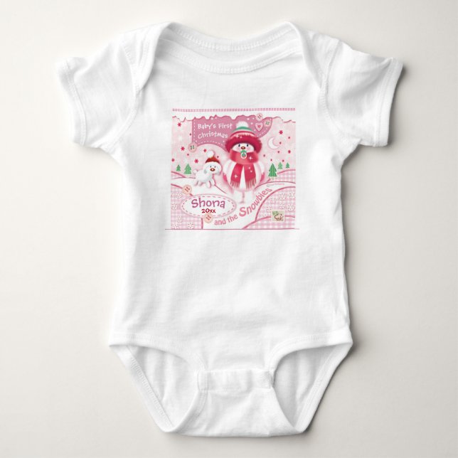 1st Christmas, Baby Girl. Cute Snowbie Bodysuit (Front)
