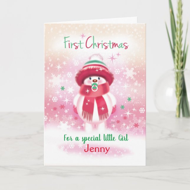 1st Christmas, baby girl, Snow baby & Pacifier Holiday Card (Front)