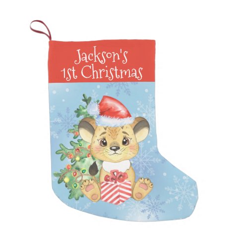 1st Christmas Baby Lion in Santa Hat Personalized Small Christmas Stocking