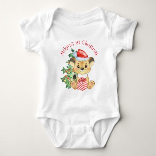 1st Christmas Baby Lion with Tree Personalized  Baby Bodysuit