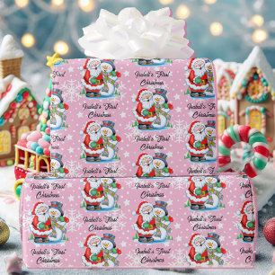 1st Christmas Baby's Name Cute Santa Claus Girl Wrapping Paper