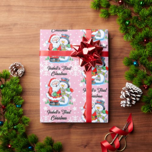 1st Christmas Babys Name Cute Santa Claus Girl Wrapping Paper